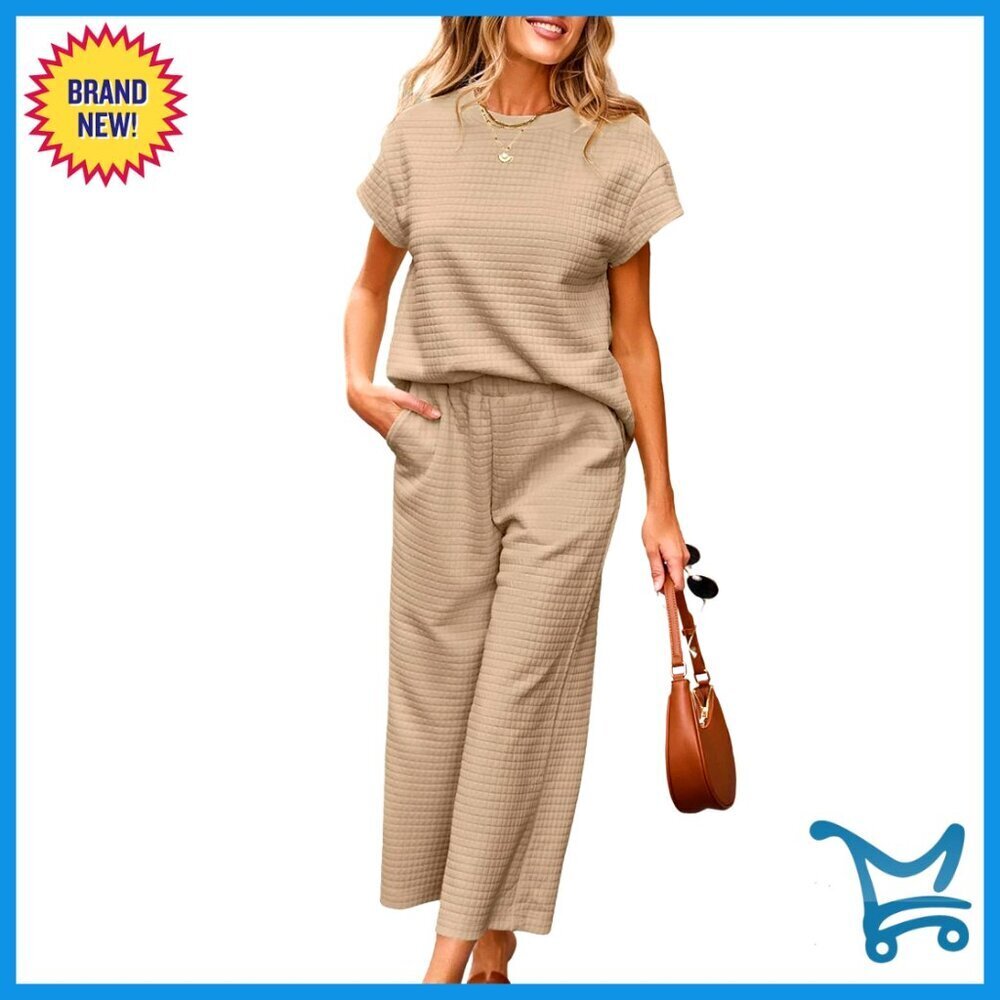 Soft Waffle Texture Sweatsuit Set, Pullover Top & Wide Leg Pants, Lounge Wear